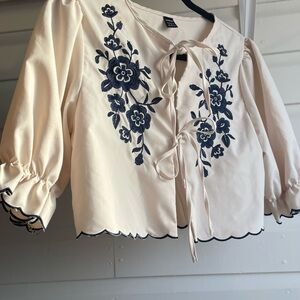 SHEIN Cream Peasant Blouse with Navy Floral Embroidery